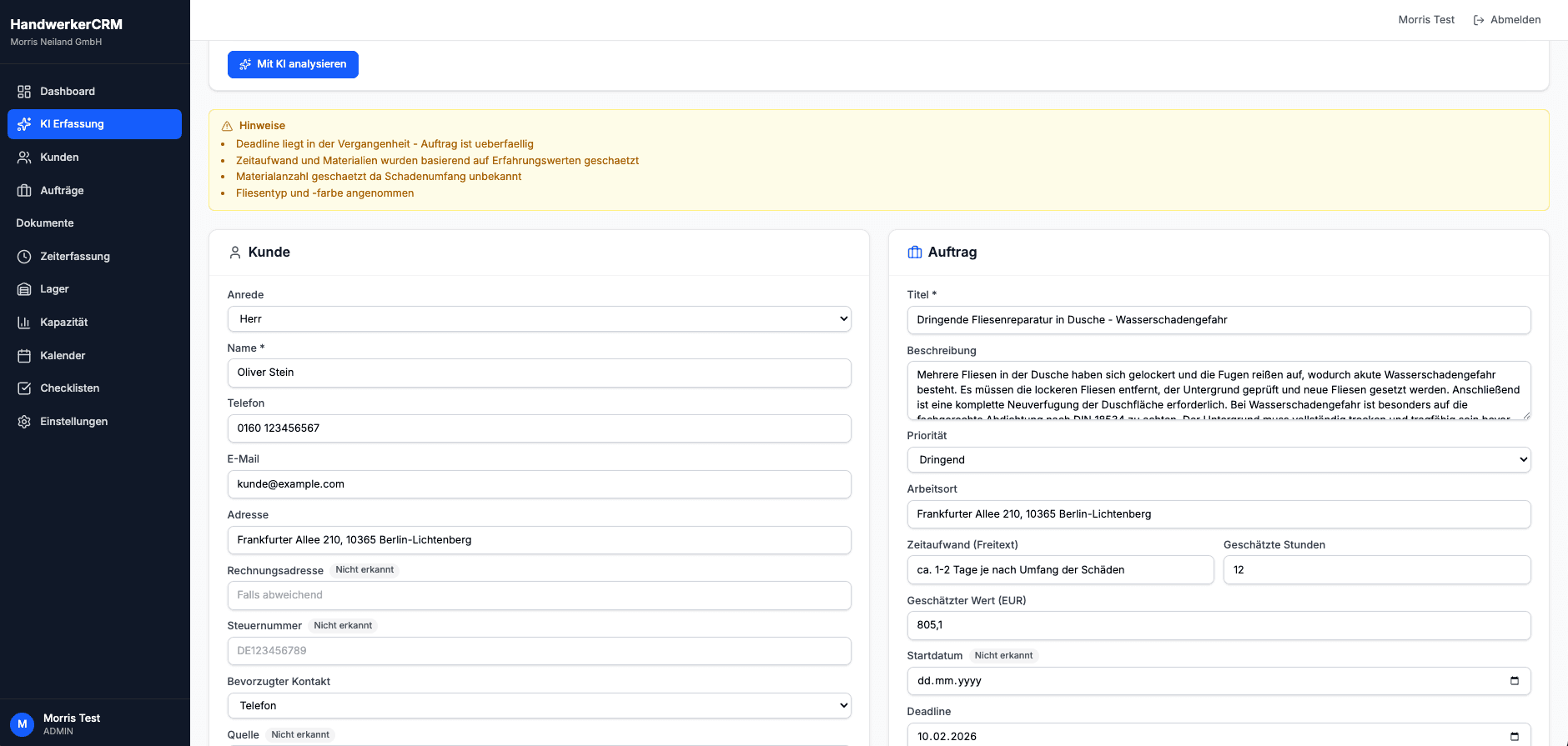 KI Erfassung Screenshot