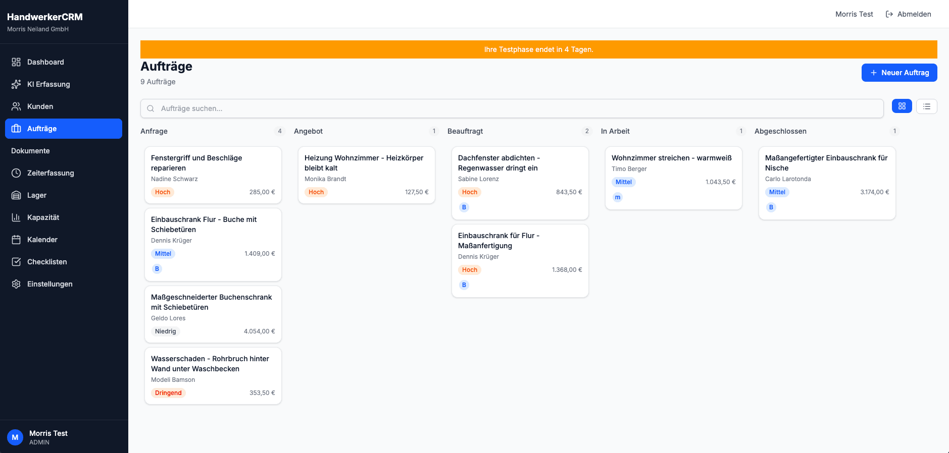 Auftragsverwaltung Screenshot
