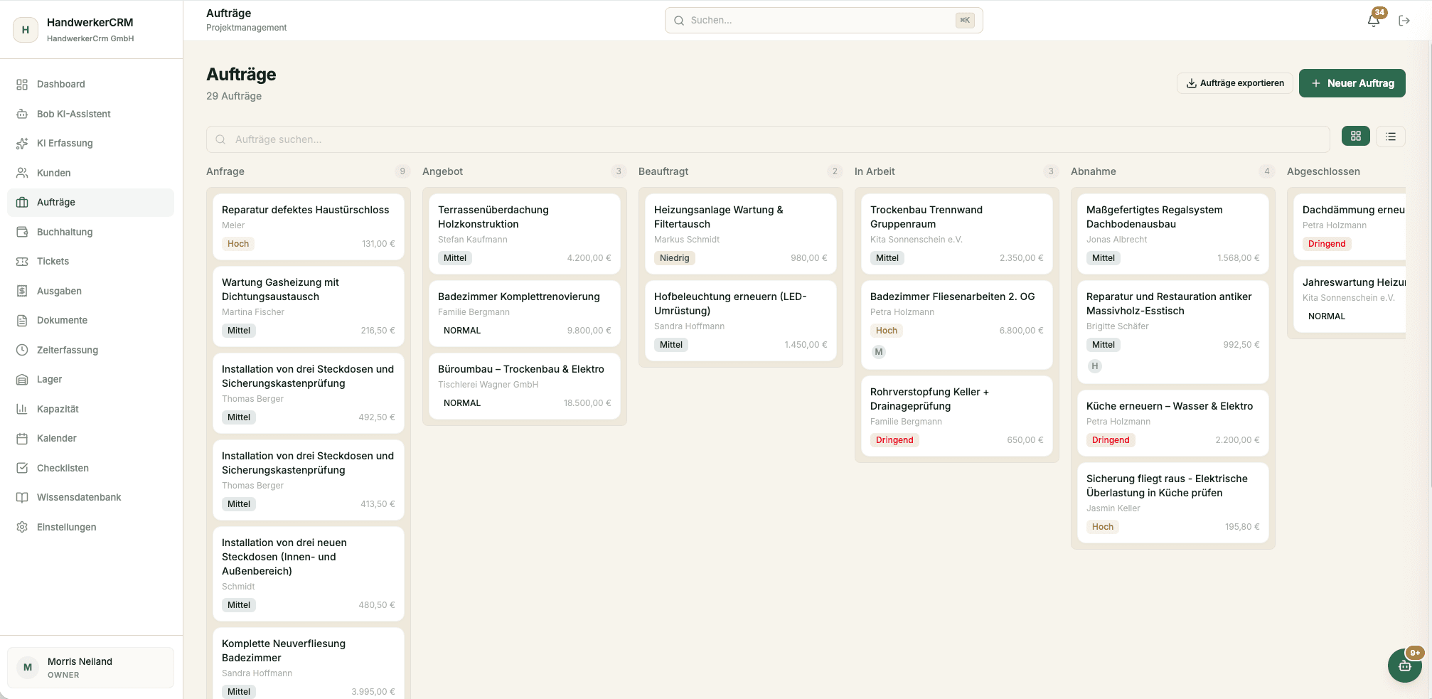 Auftragsverwaltung — Kanban-Board mit allen Aufträgen